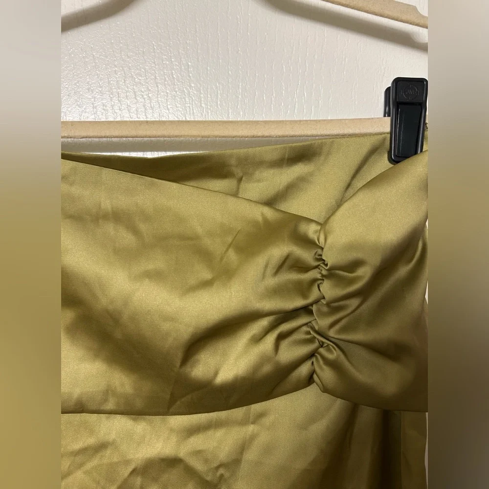 Olive Green Satin Ruched Midi Skirt